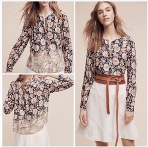 ANTHROPOLOGIE MAEVE Blue/Creme/Tan Ombre "Orli" Floral Paisley‎ Blouse Size L